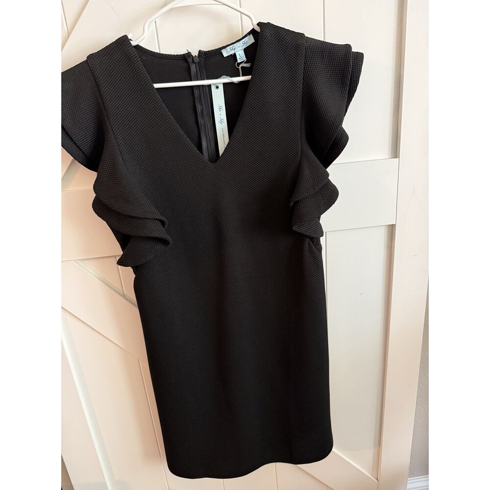 New She + Sky Women's Black Dress Ruffle Sleeve V-Neck Large Business Date Night
